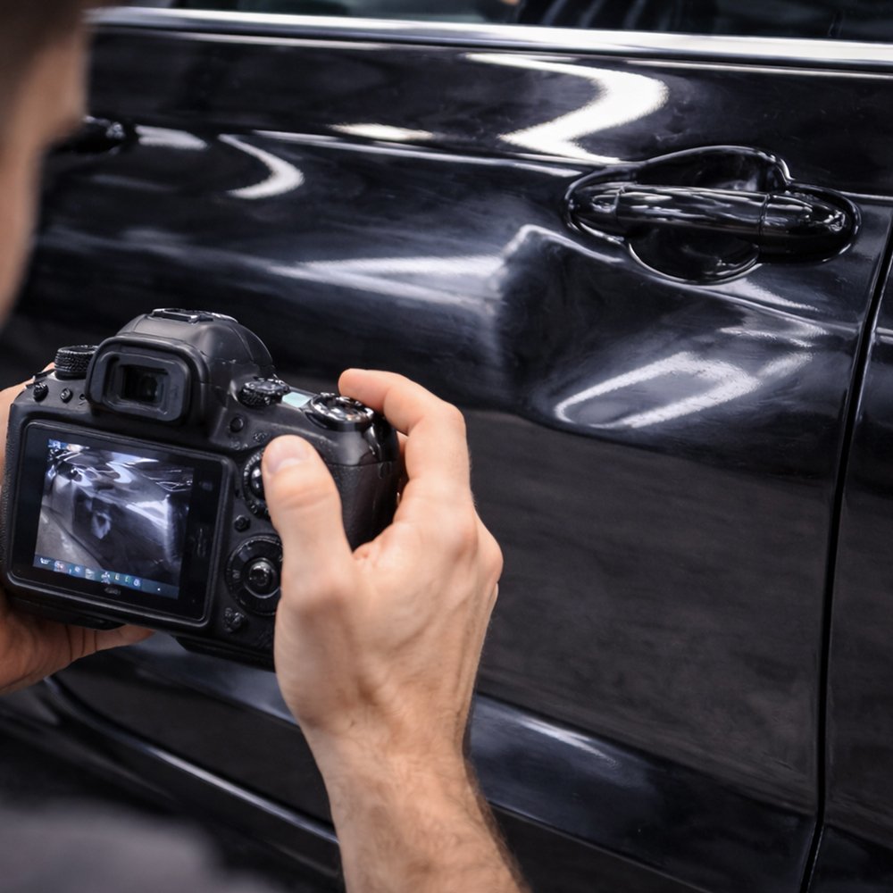 Photographing vehicle damage for collision repair estimate inside Toronto repair facility.