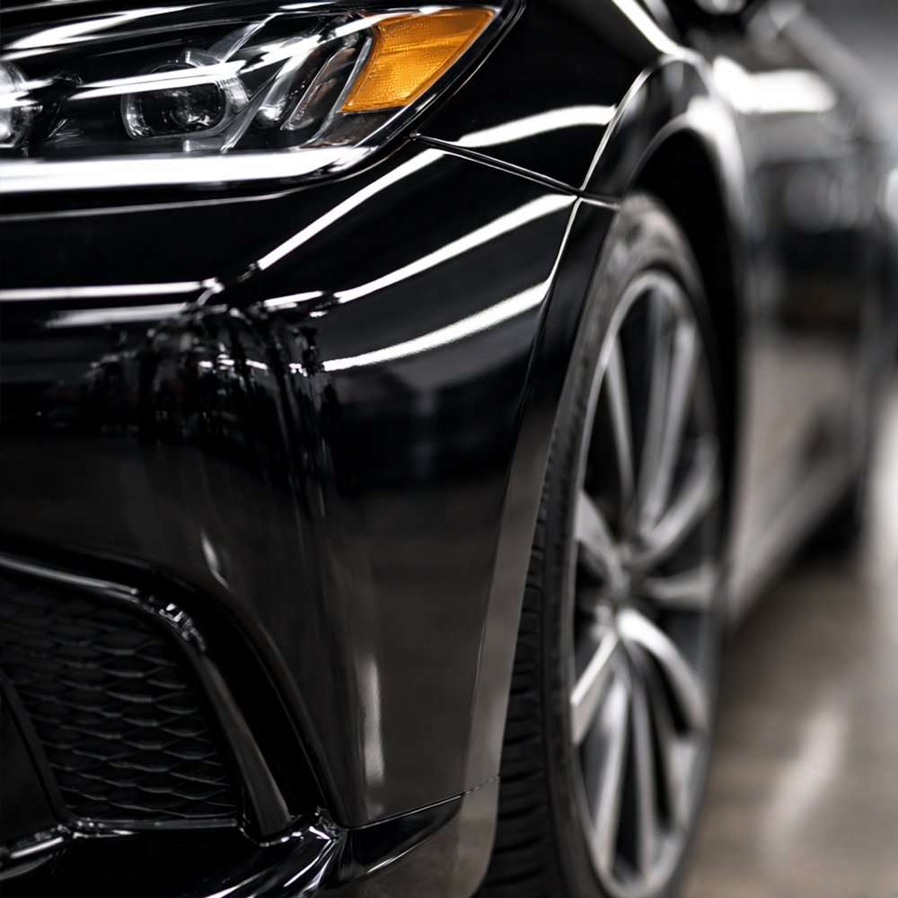 Close-up of black vehicle bumper showing seamless spot touch-up repair inside Toronto collision repair facility.