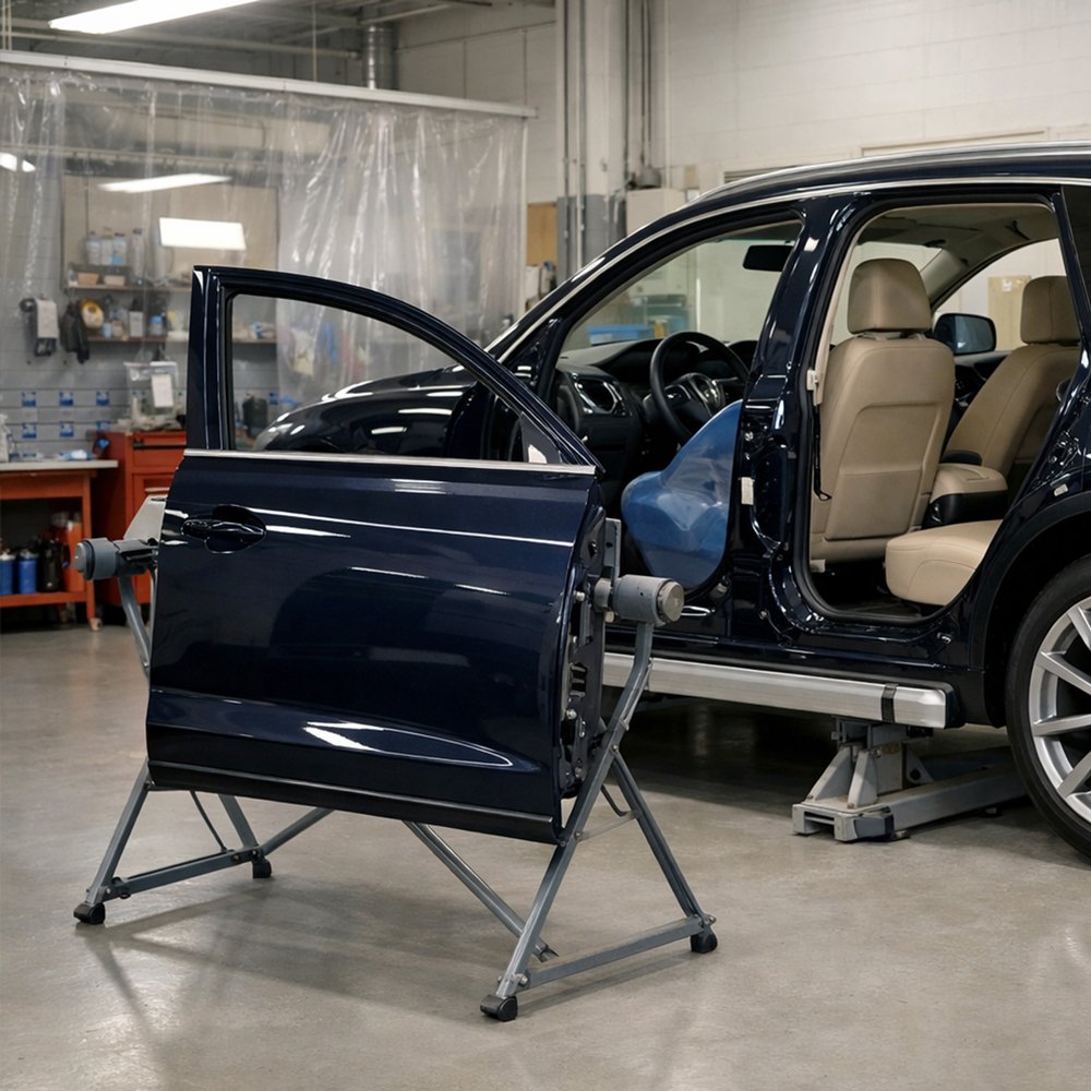Black vehicle partially disassembled during professional restoration in Toronto repair facility.
